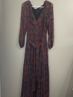 LAUREN RALPH LAUREN WOMEN'S SIZE 12 CHECKERED PAISLEY BELTED GEORGETTE DRESS EUC